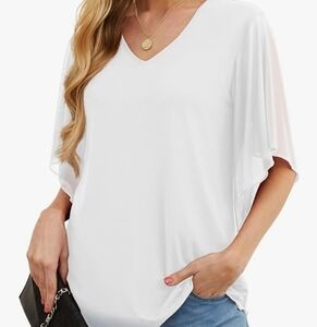 Women 3/4 Sleeve V Neck Blouses Double Layers Mesh Shirt Flowy Dressy